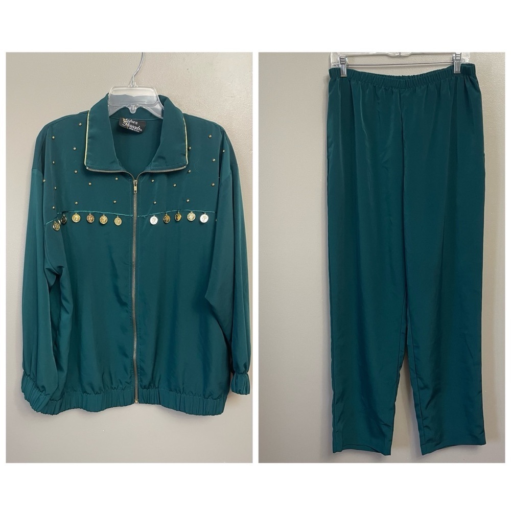 Sacred threads womens large zip up jacket pants metallic gold coins blue green